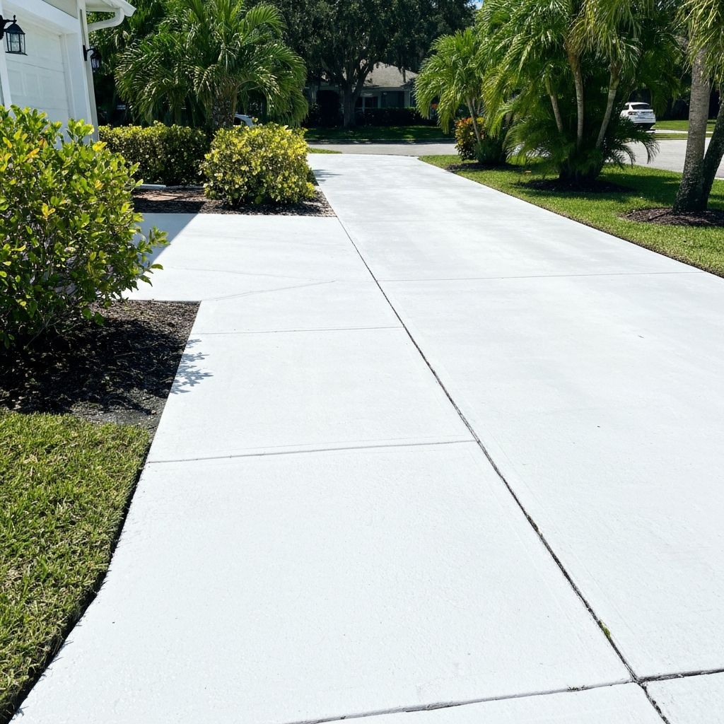 Concrete sidewalk and driveway deep-cleaned.