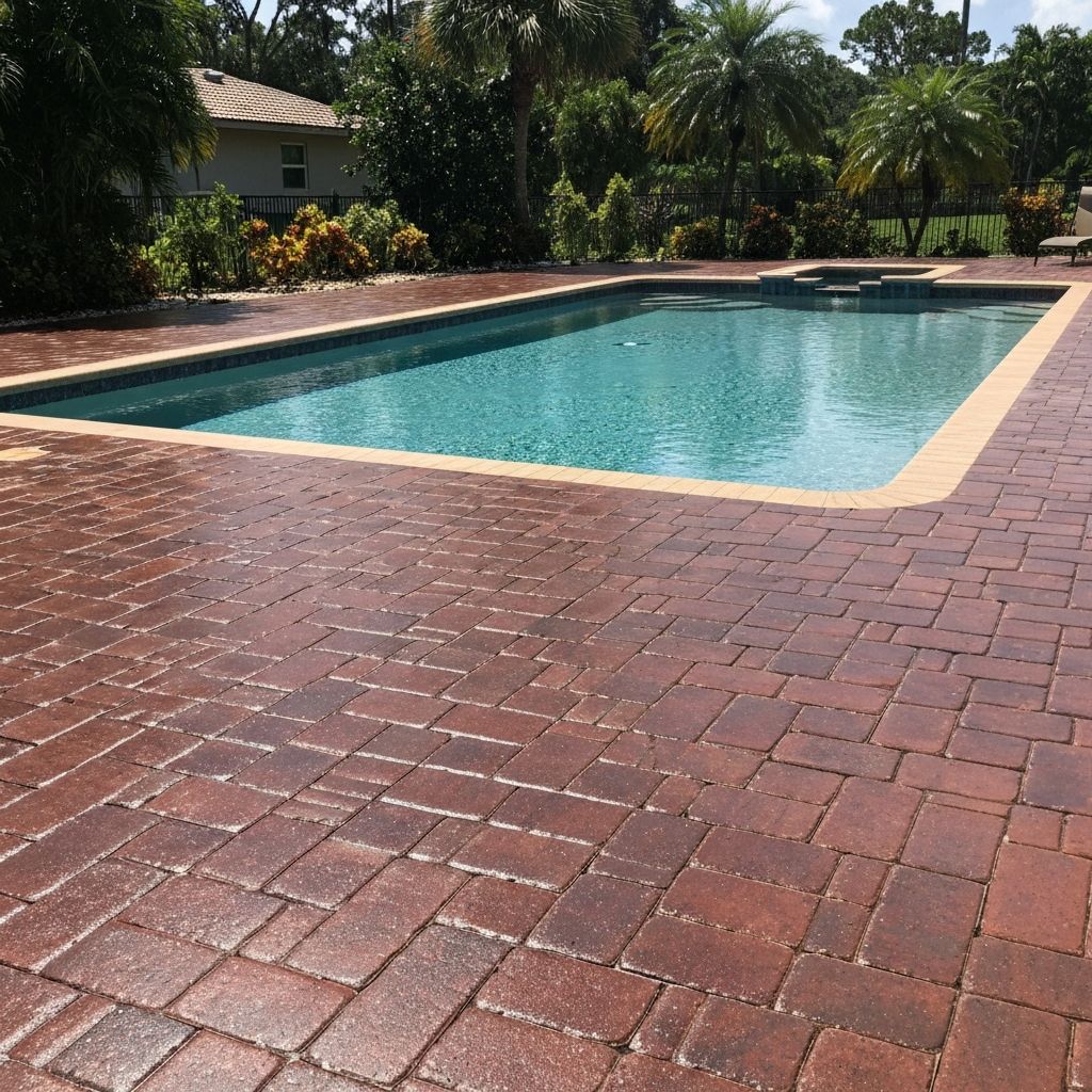 Sealed travertine pool deck — wet look finish restored.