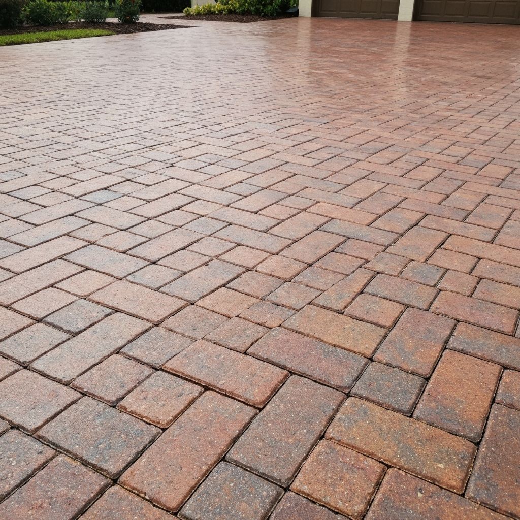 Herringbone driveway — cleaned, re-sanded, and sealed.