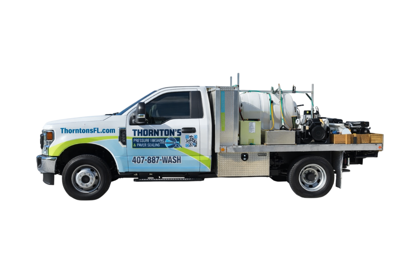 Thornton's pressure washing flatbed truck